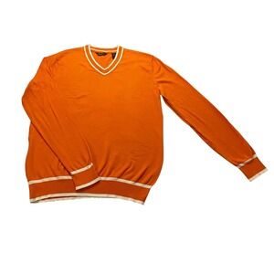 Sean John Mens XL Orange V-Neck Cotton Knit Sweater White Tipped Trim Collegiate